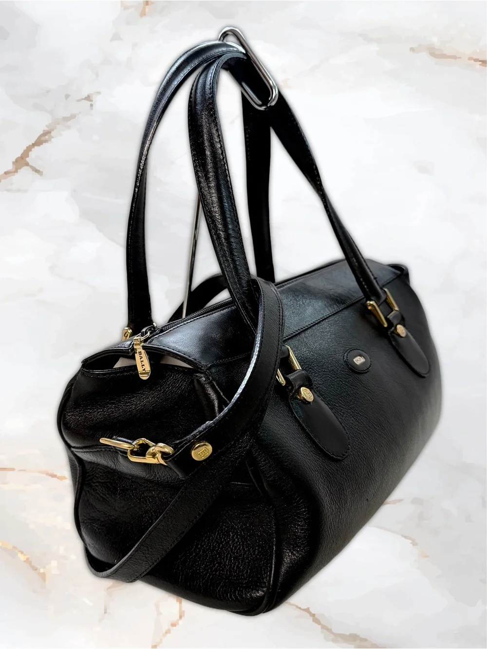 Vintage BALLY Black Leather 2-Way Satchel Crossbody East West Bag Italian Made